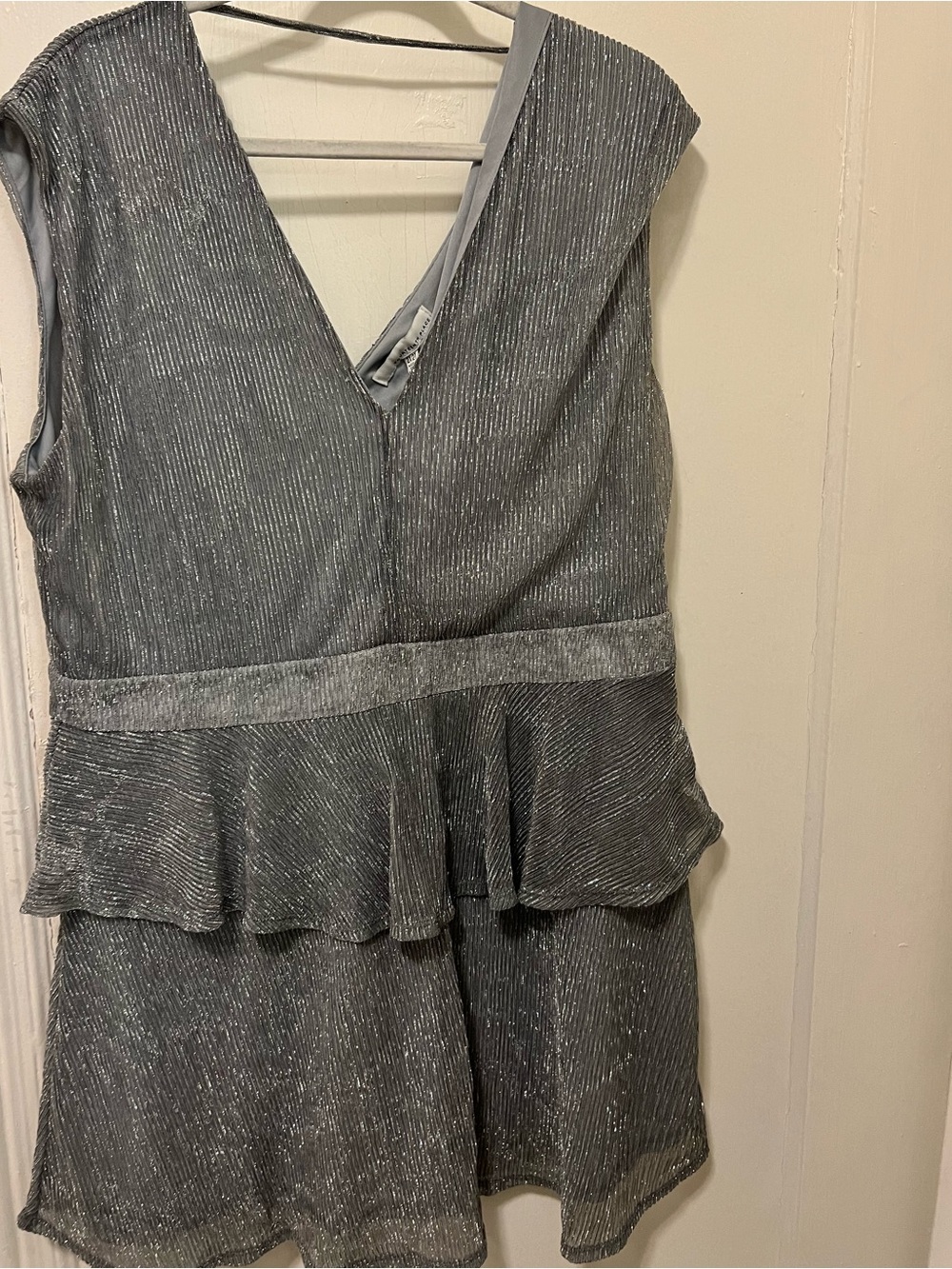 Metallic Silver V-Neck Peplum Mini Dress